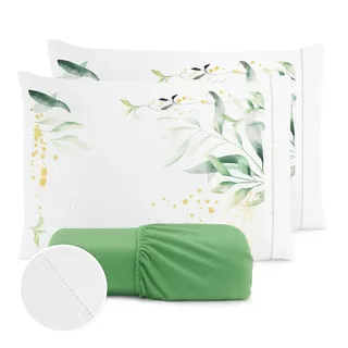 Kit Jogo de Cama Coumpouse Lençol MICROPERCAL 400 Fios PONTO PALITO - Fronha Estampada Flor Verde em Oferta na Shopee