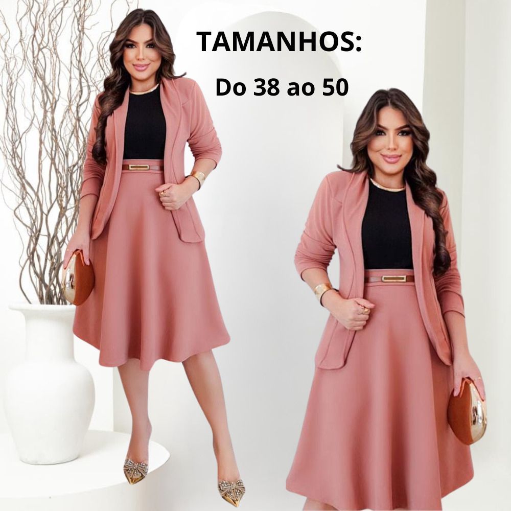 Conjunto Blazer Feminino Social Peças Saia Midi Com Cinto Moda