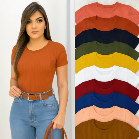 Kit 3, 5,10 blusas femininas t-shirt em malha canelada premium