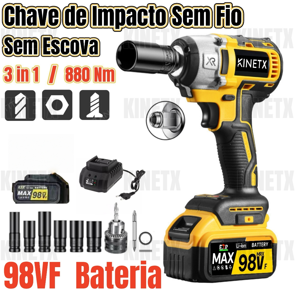 chikuwa★ Chave de Impacto KINETX Sem Escova 68VF 300Nm 2 Baterias Com