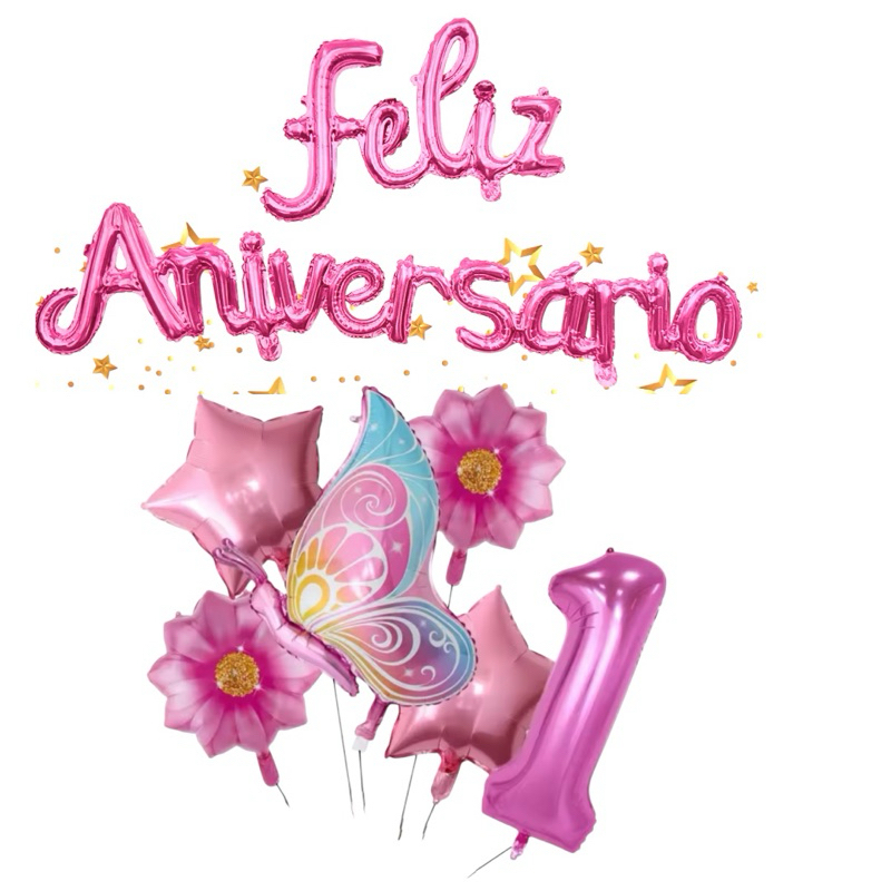 KIT BALÃO METALIZADO FELIZ ANIVERSÁRIO + JARDIM BORBOLETA