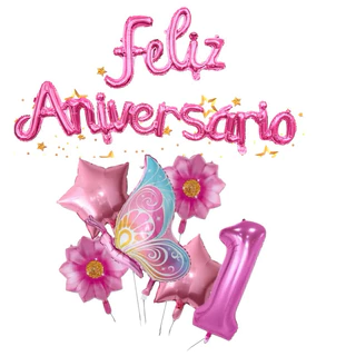 KIT BALÃO METALIZADO FELIZ ANIVERSÁRIO + JARDIM BORBOLETA
