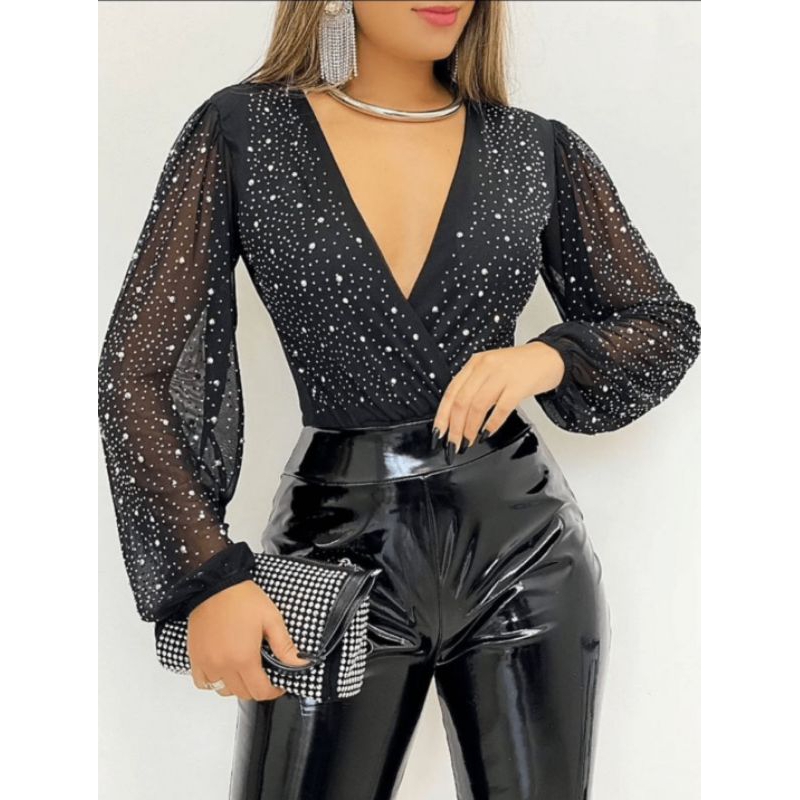 Body Feminino Manga Longa Tule com Brilho Decote V Profundo – Look ...