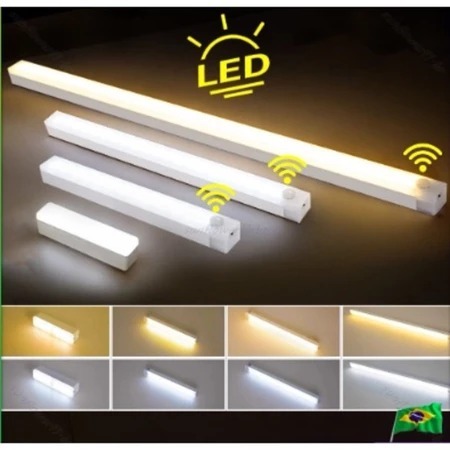 Kit 2 Smart Luminária Inteligente Ultra LED com sensor de movimento sem fio e Recarregável USB fino barra 30/50cm