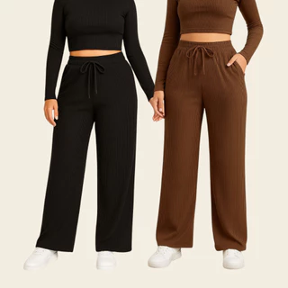 Kit 2 Calça Pantalona Feminina Lisa Com Bolso Cintura Alta Tecido Canelado Confortável