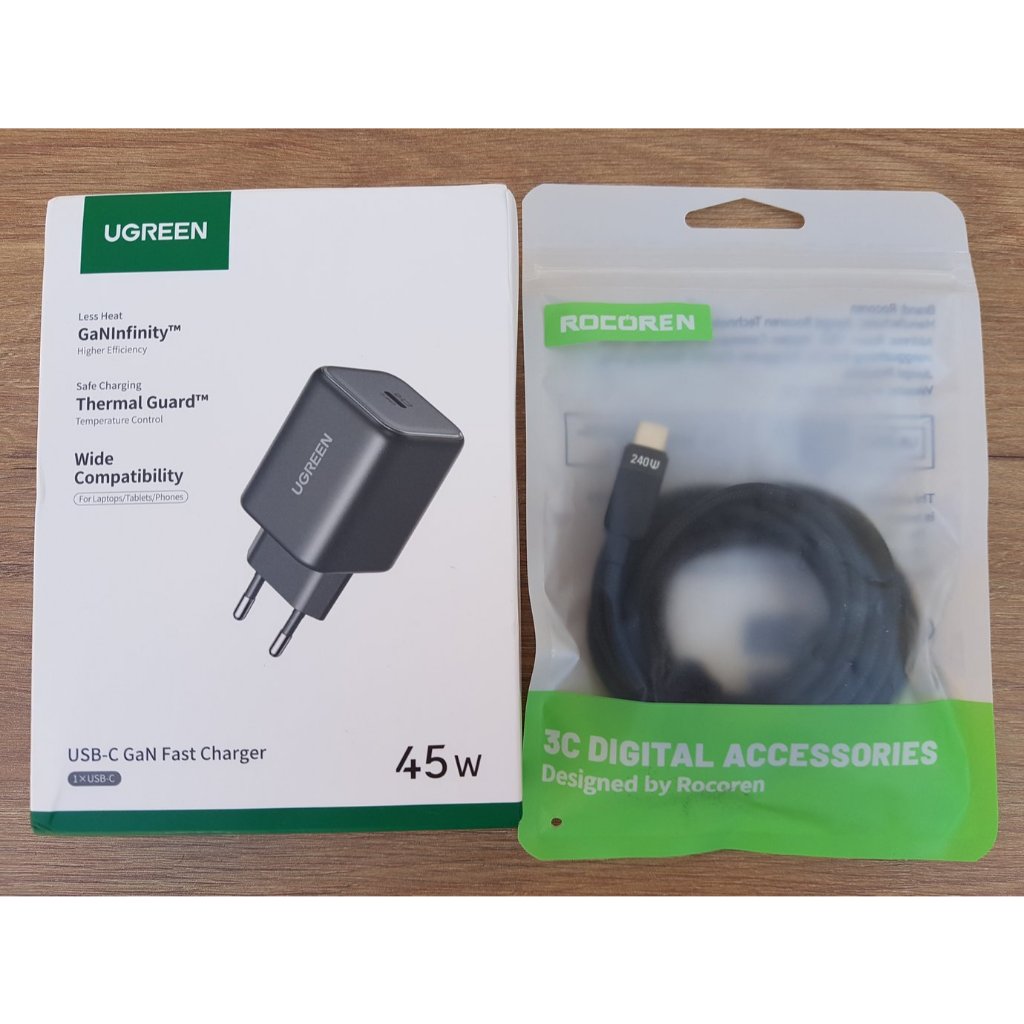 Carregador 45W UGREEN GaN e Cabo USB C Rocoren 240W 2 Metros Preto