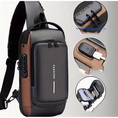 Mochila De Peito Masculina À Prova D'água De Trava De Código Antifurto Com Usb Alta Qualidade
