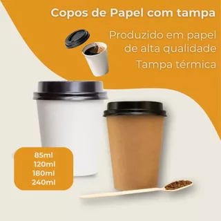 Kit com 50 Copos de Papel com Tampa Térmica – Branco ou Kraft, 85ml a 240ml