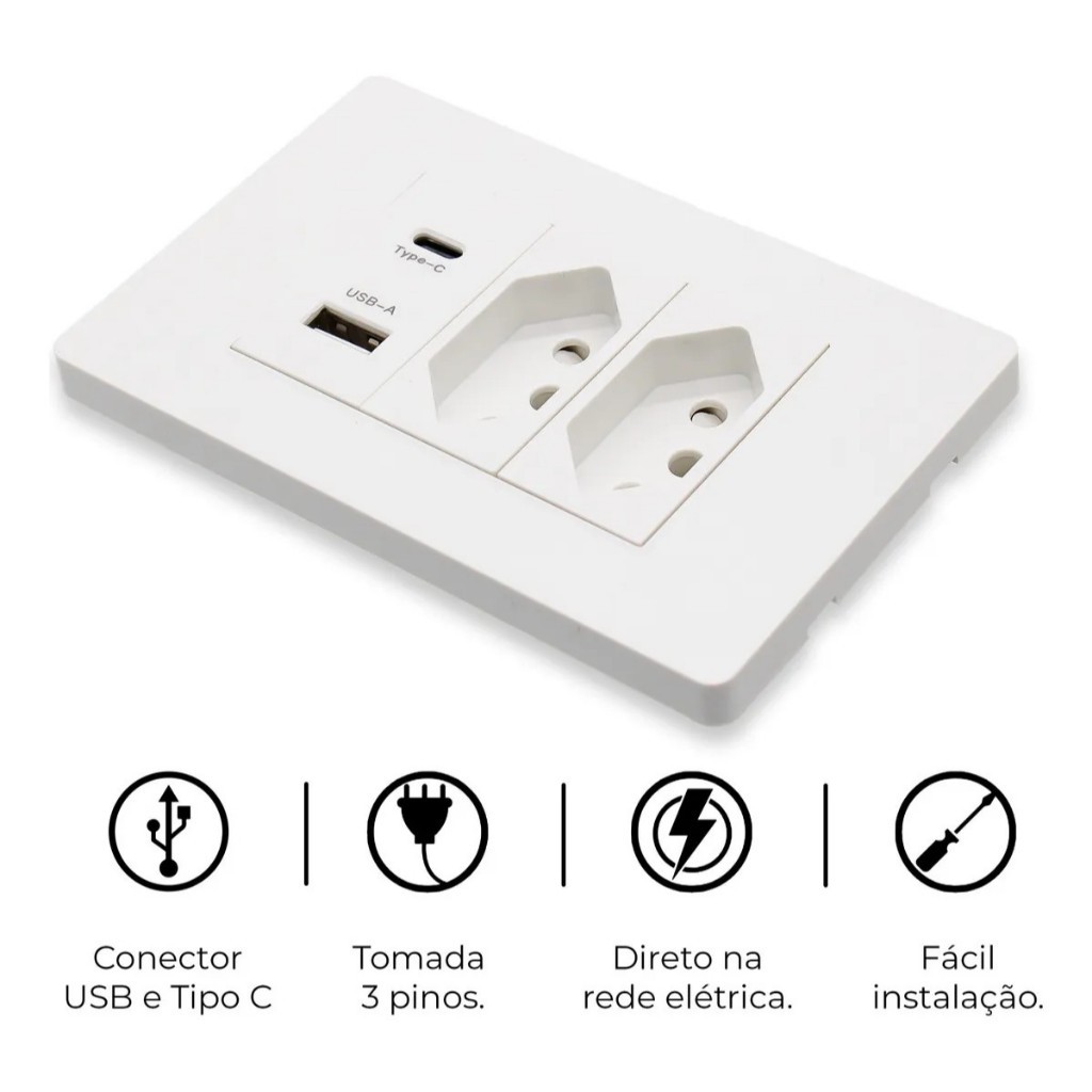Tomada Modula com 2 entradas 1 entrada tipo-c e 1 entrada usb | Shopee ...