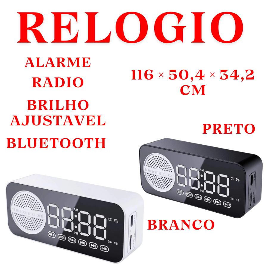 Relogio De Mesa 116x50,4x34,2CM Bluetooth Rádio USB Entrada Memoria Alarme Brilho Ajustável