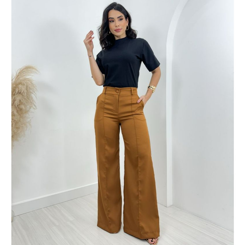 Calça Pantalona Alfaiataria Social Elegante Premium Cor Terra Cota