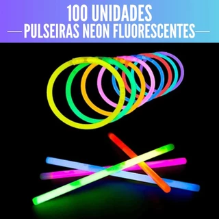 Kit com 100 Pulseiras Neon Alto Brilho Fluorescente Tubo Diversas Cores Brilha no Escuro