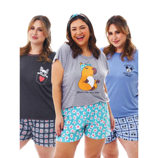 Kit C/ 3 Conjuntos de Pijama Feminino Adulto Plus Size de Verão / Meia Estação, 3 Blusas e 3 Shorts - Estampas Sortidas em Oferta na Shopee