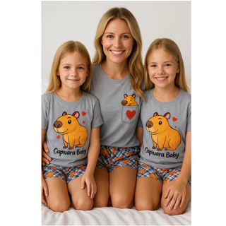 Kit Mãe e Filha C/ 2 Conjuntos de Pijama – 1 Adulto + 1 Infantil com Estampa de Capivara Verão Meia Estação em Oferta na Shopee