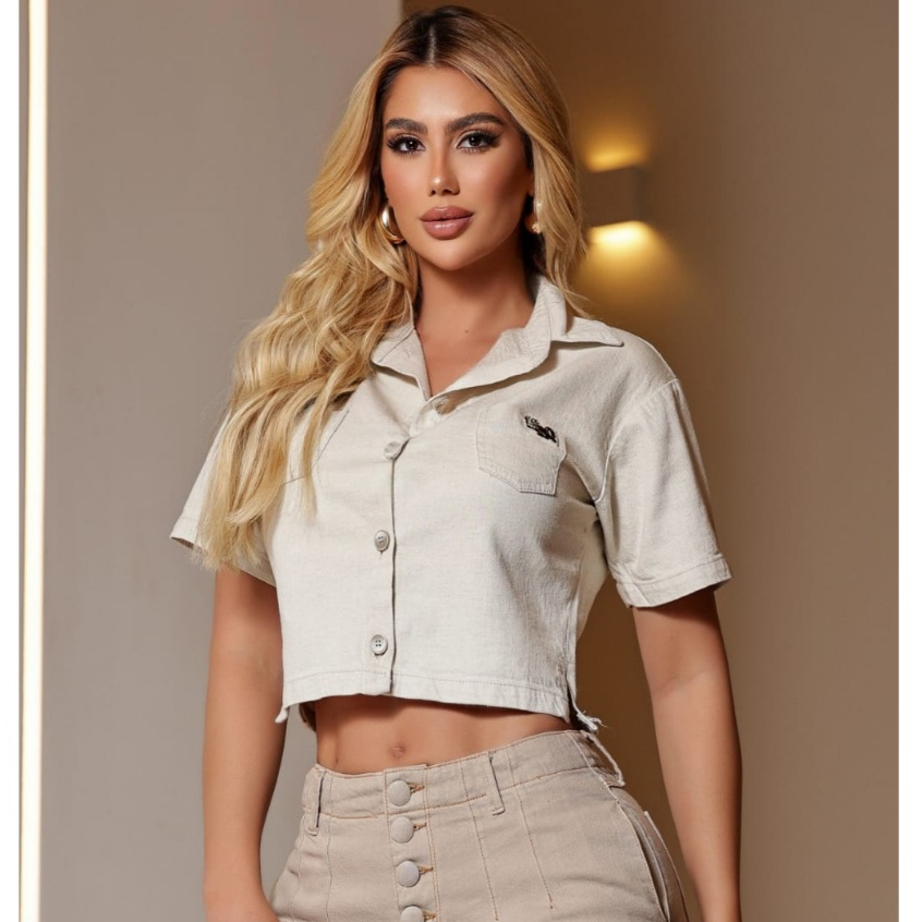 Blusa de Linho P ao GG Feminina Plus Size Cropped de Manga