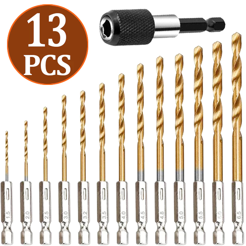 13Pcs Jogo de Brocas Hexagonais Titânio HSS Troca Rápida para Madeira Plástico Metal