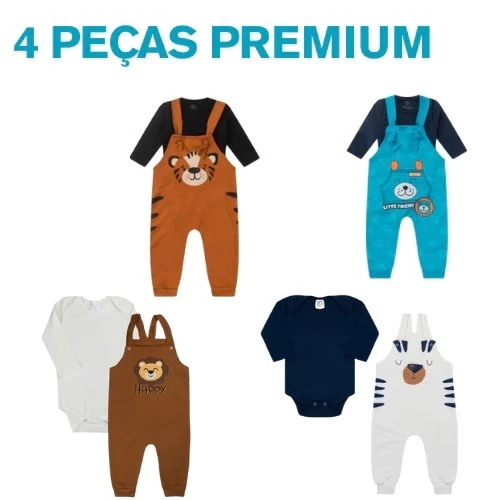Kit 4 Peças Jardineiras com Body Bebê Manga Longa