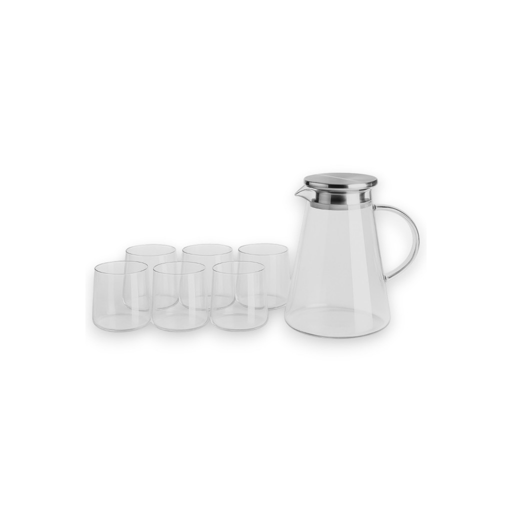Jarra De Vidro Borossilicato Tampa Inox 1,8L + 6 Copos 270ml