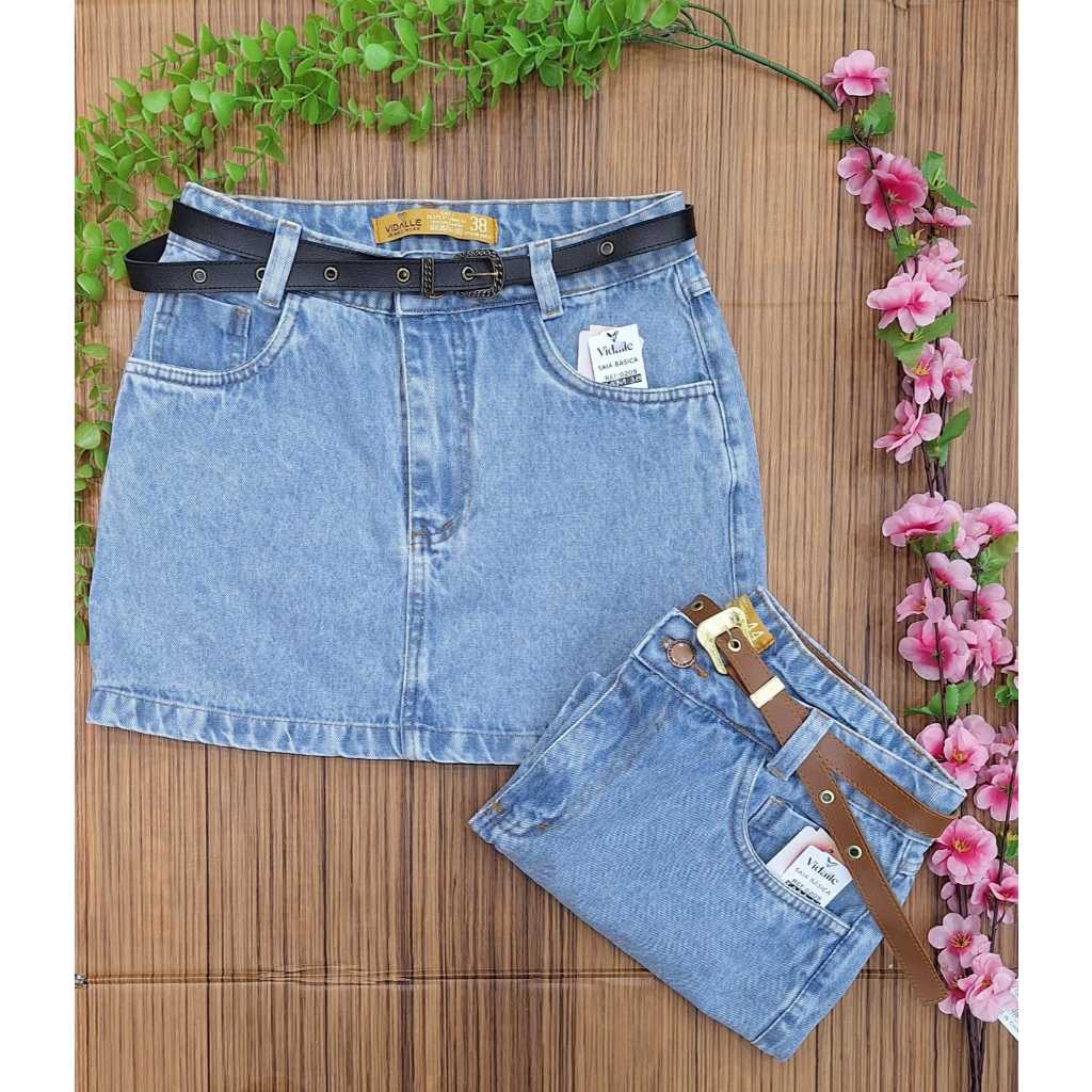 Saia jeans mini com cinto, moda bloguerinha | Shopee Brasil