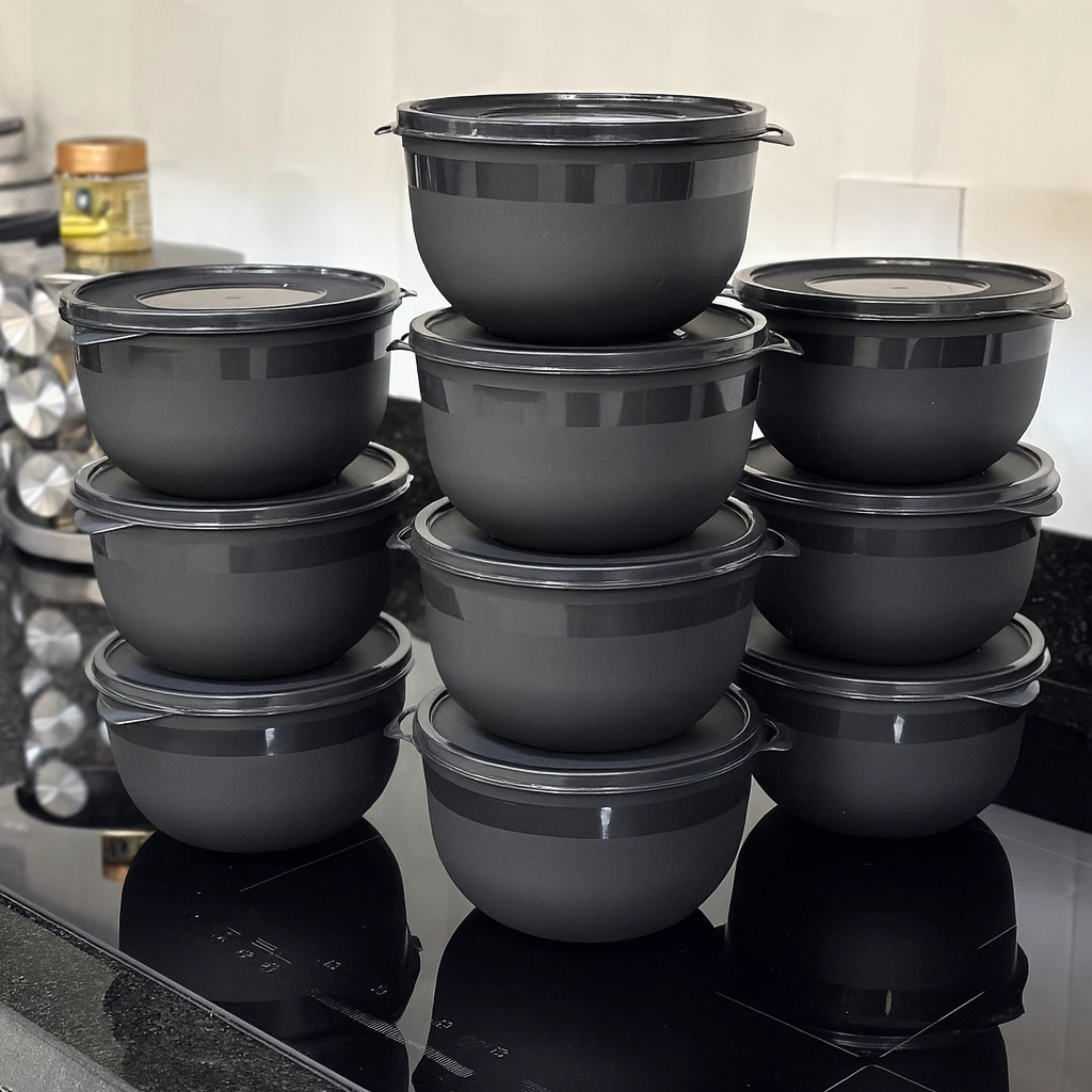 ￼Kit 10 Potes Bowl 1300ml Plástico com Tampa – Marmita Cozinha, Freezer, Micro-ondas e Lava-Louças.