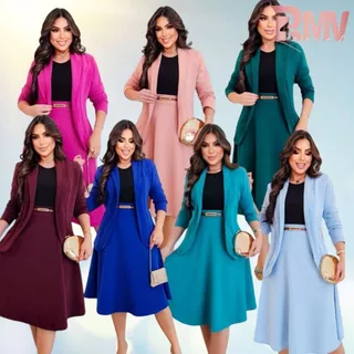 CONJUNTO FEMININO 4 PEÇAS: BLAZER, SAIA, CAMISETA E CINTO MODA EVANGÉLICA PLUS SIZE CONGRESSO CULTO