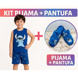 Kit pijama masculino stitch infantil + pantufa de menino regata juvenil verao em Oferta na Shopee