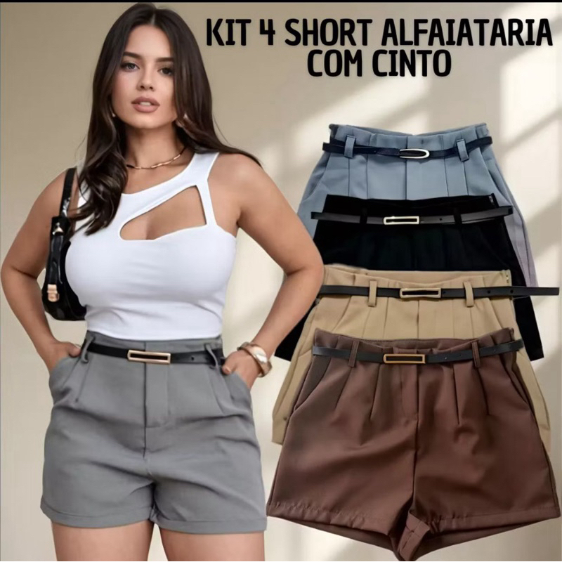 Kit 4 Short alfaiataria feminino com cinto zíper lateral estilo social casual