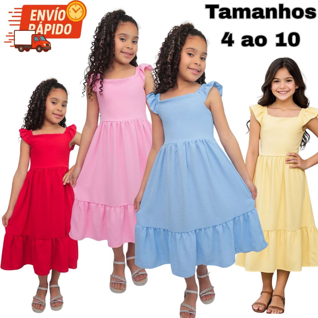 Vestido Longo Infantil e Juvenil alça babado roupa menina 4, 6, 8, 10 ...