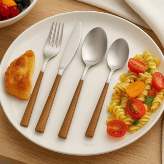 CONJUNTO DE TALHERES LUXO MADEIRA 24 PCS EM INOX - COLEÇÃO ALPHA PREMIUM B COZINHA PRESENTES