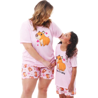 Kit Mãe e Filha Pijama Feminino de Verão / Meia Estação Estampa de Capivara em Oferta na Shopee