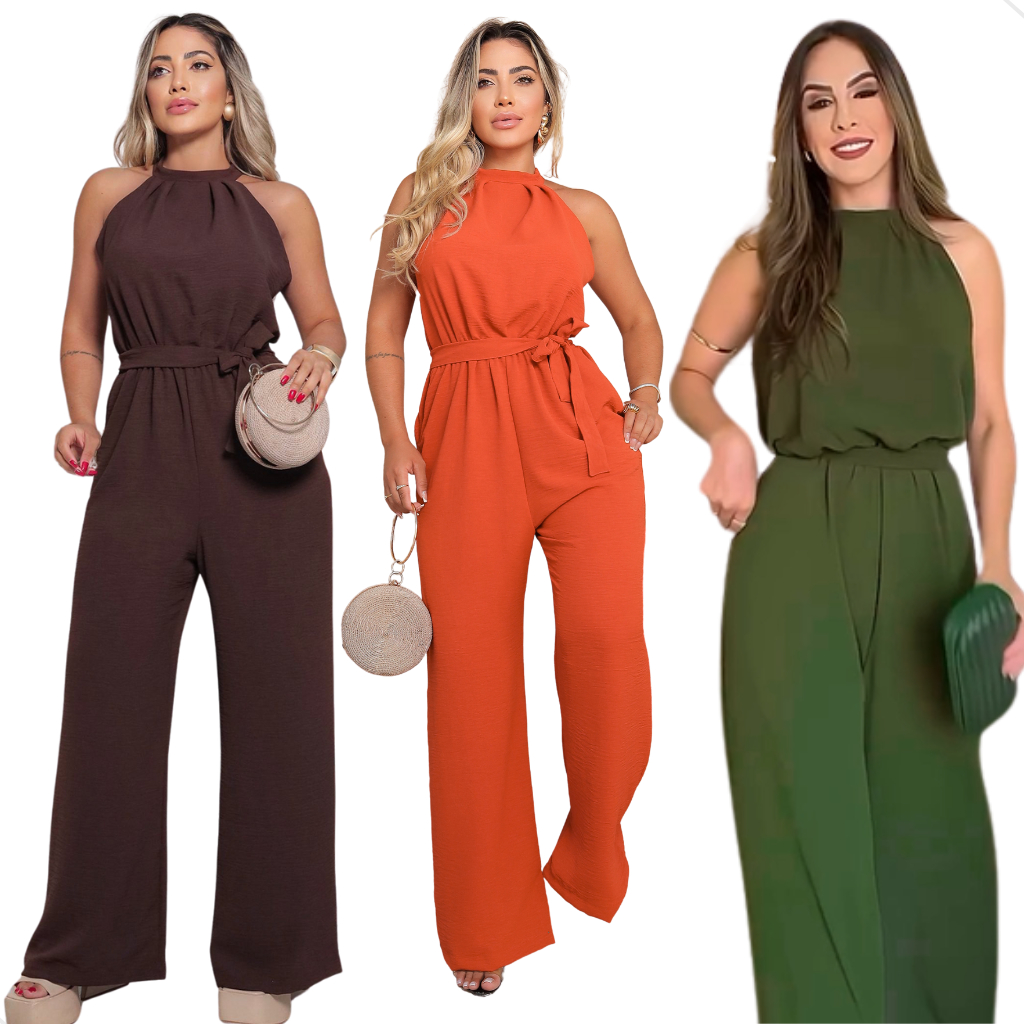 Macacão Feminino Longo Acinturado Tendencia Elegante Regata Festa ...