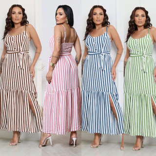 Vestido Feminino Longo Com Alça Fenda e Cinto em Oferta na Shopee