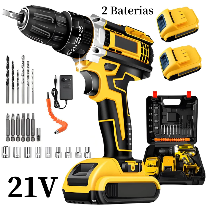 Kit 21V Parafusadeira Furadeira de Impacto 2 Baterias Bivolt Maleta Acessórios
