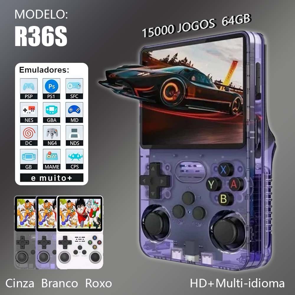 Console Portátil R36S + de 15.000 Jogos Vídeo Game 64g Linux Tela IPS 3.5 Polegadas a Pronta Entrega