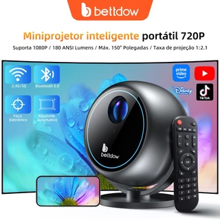 BETTDOW Projetor portátil projetor de domo 360° 1080P 180ANSI, Bluetooth 5.0, Netflix grátis, foco motorizado rotativo