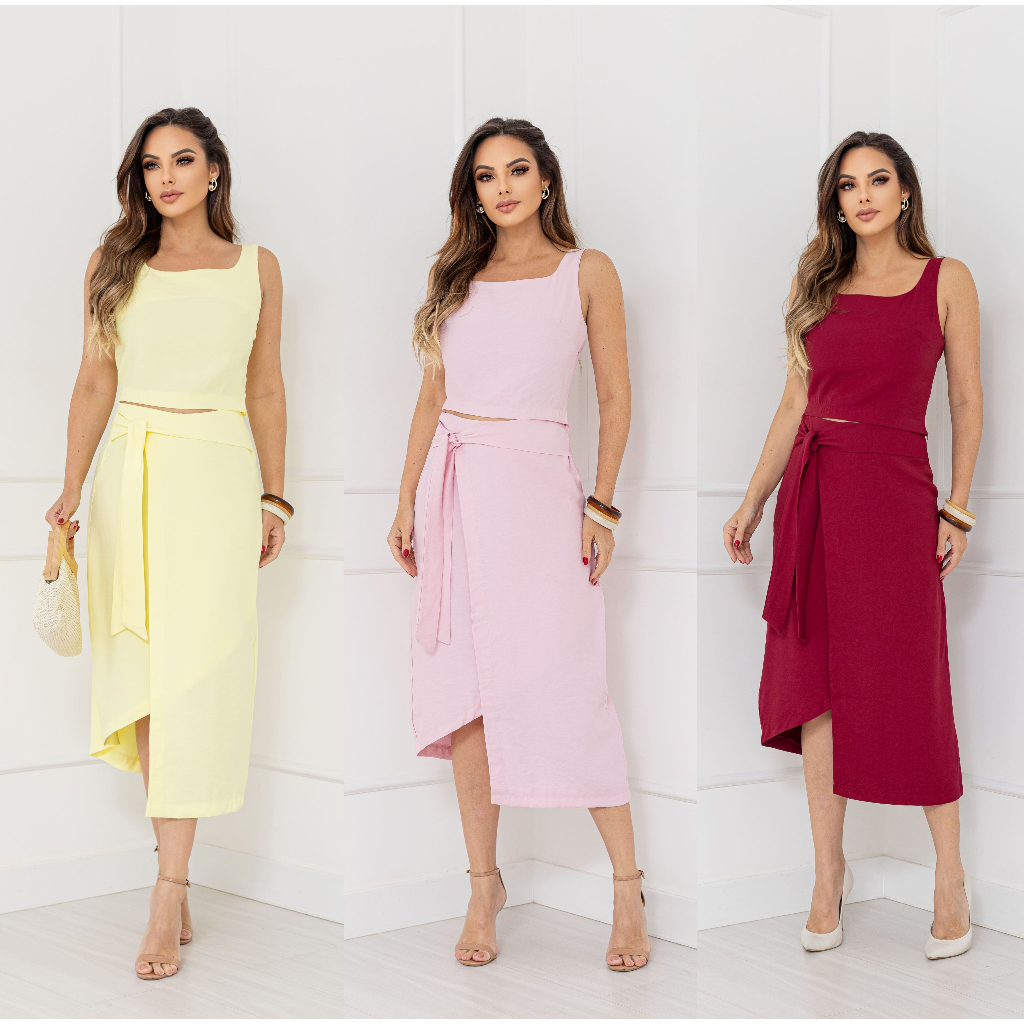 YAN FASHION Conjunto Feminino Saia Midi e Blusa Tecido Marrant Elegante ...