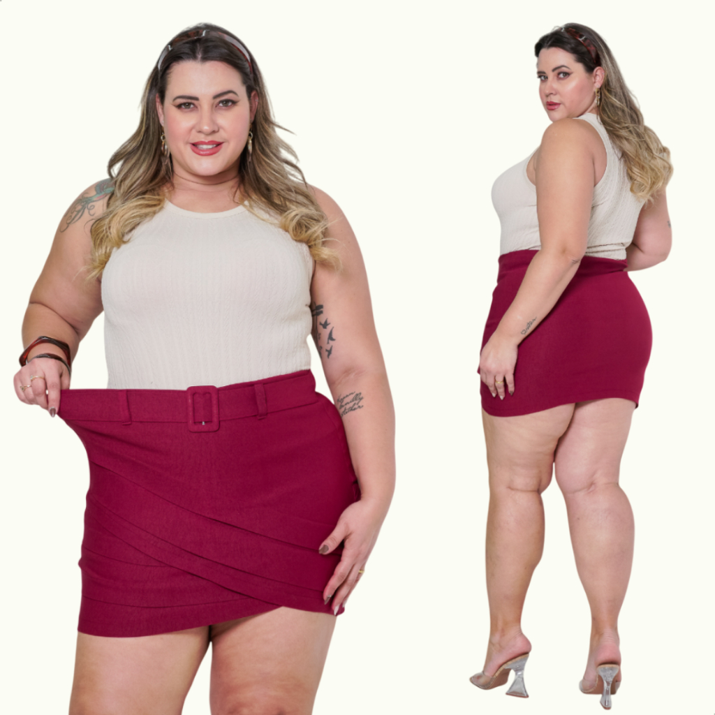 Shorts Saia Plus Size Bengaline Lycra Grande Cintura Alta Com Cinto ...