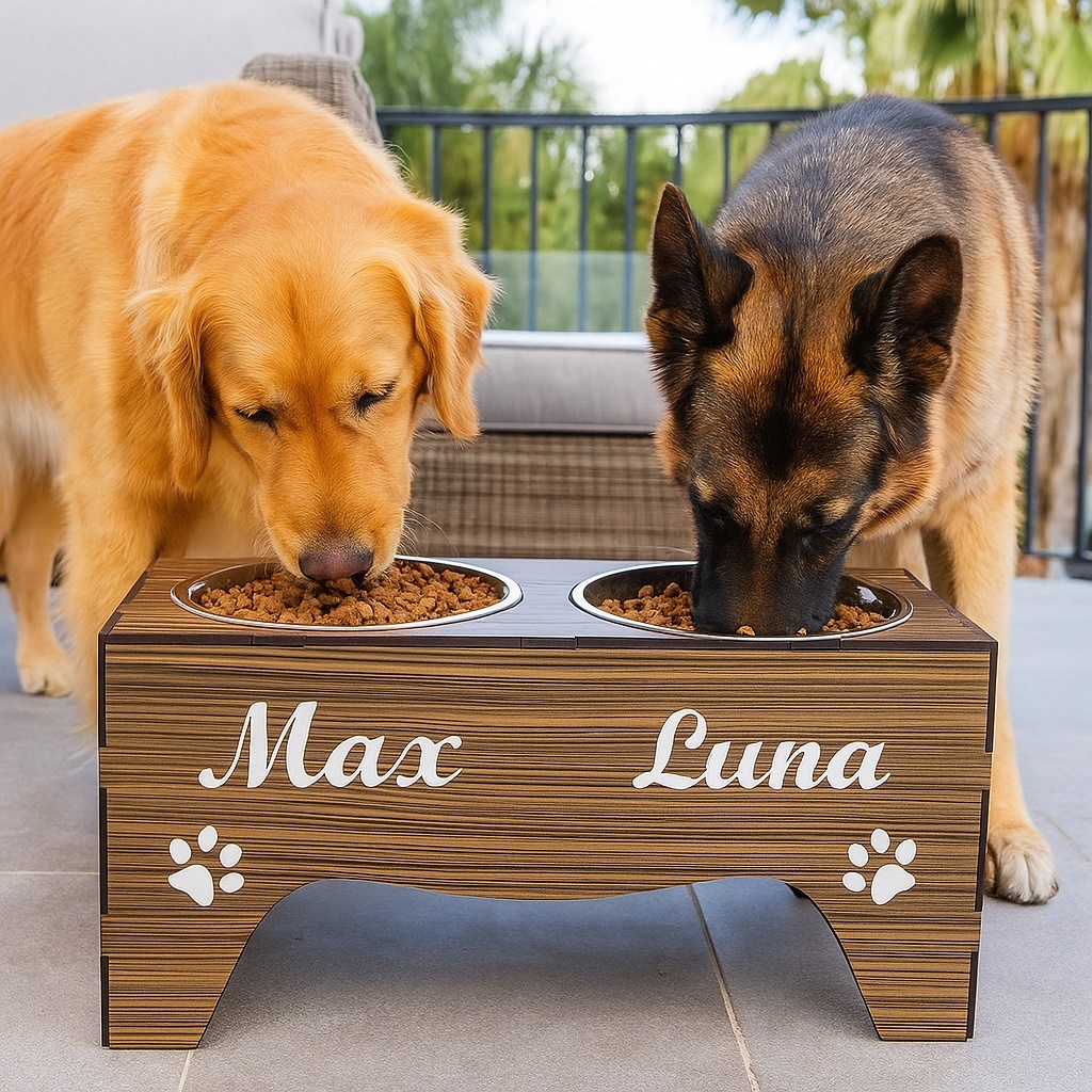 Comedouro Elevado Pet Duplo + Tigelas Inox G Com TAMPAS