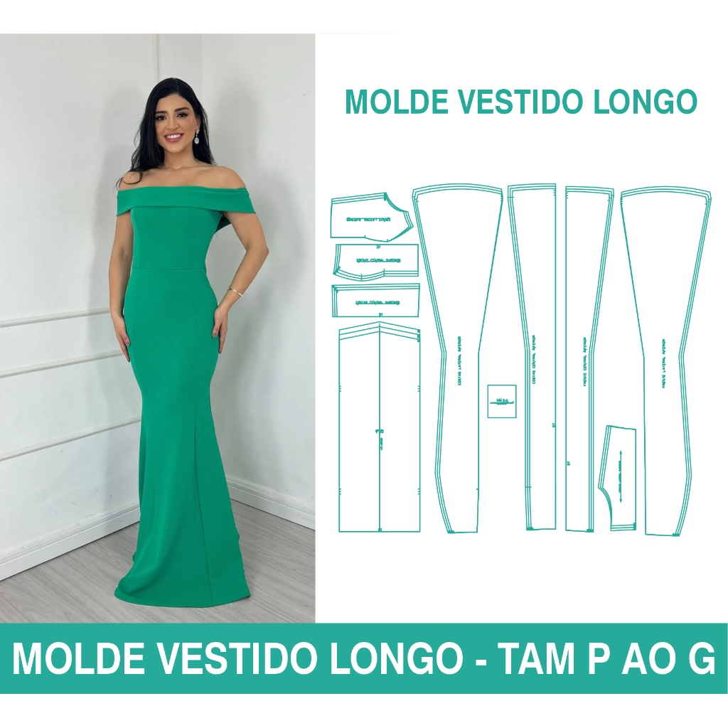 MOLDES PARA COSTURA - MOLDE VESTIDO LONGO OMBRO A OMBRO 030 - P AO G ...