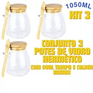 Conjunto 3 Potes Vidro Hermético 1050ML 410ML 690ML 230ML Com Colher E Oval Tampa Bambu Para Organização em Oferta na Shopee