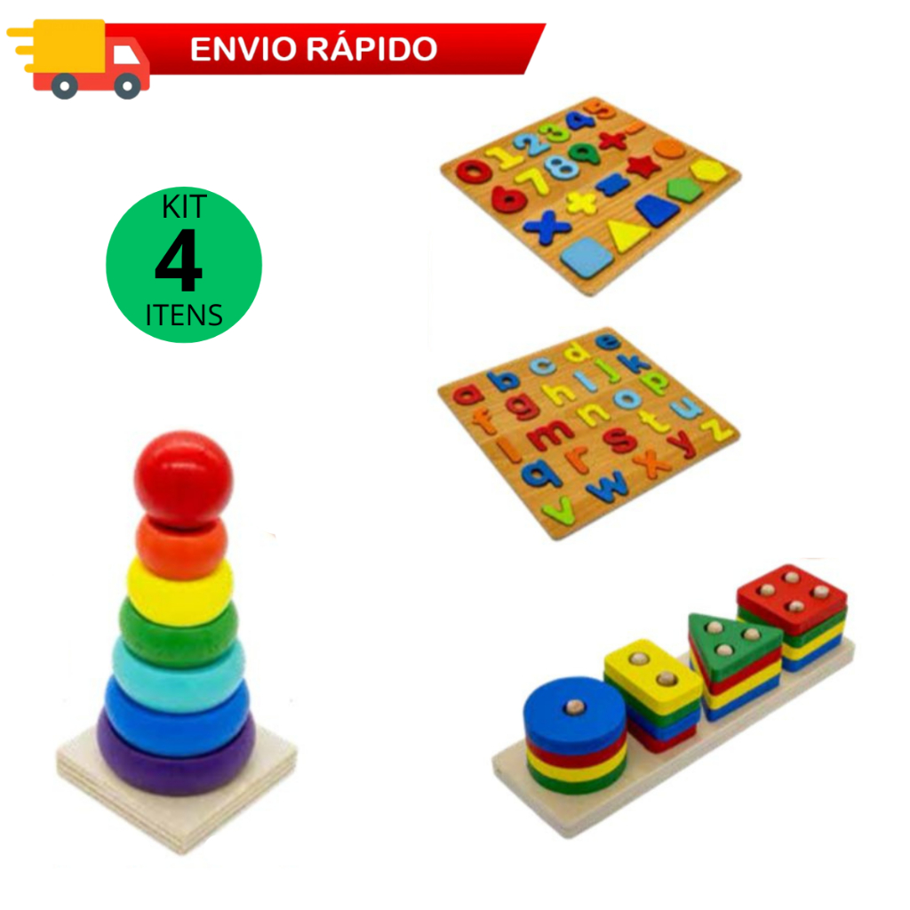 Kit Atividades 4 Brinquedos Pedagógicos Educativos Didáticos Madeira ...