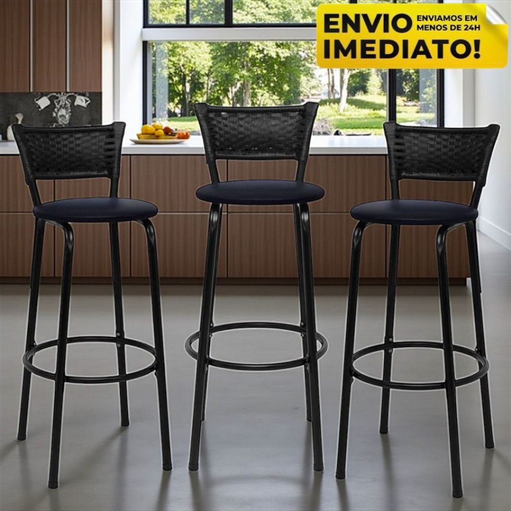 3 Cadeira Banco Alto Americana Cozinha Bancada Gourmet Bar de Fibra Sintetica