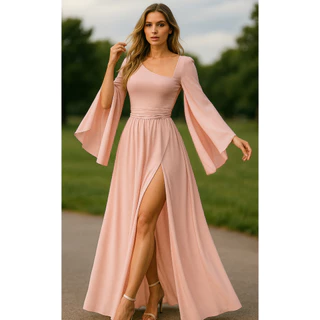 Vestido Longo Com Fenda Manga Capa OX023