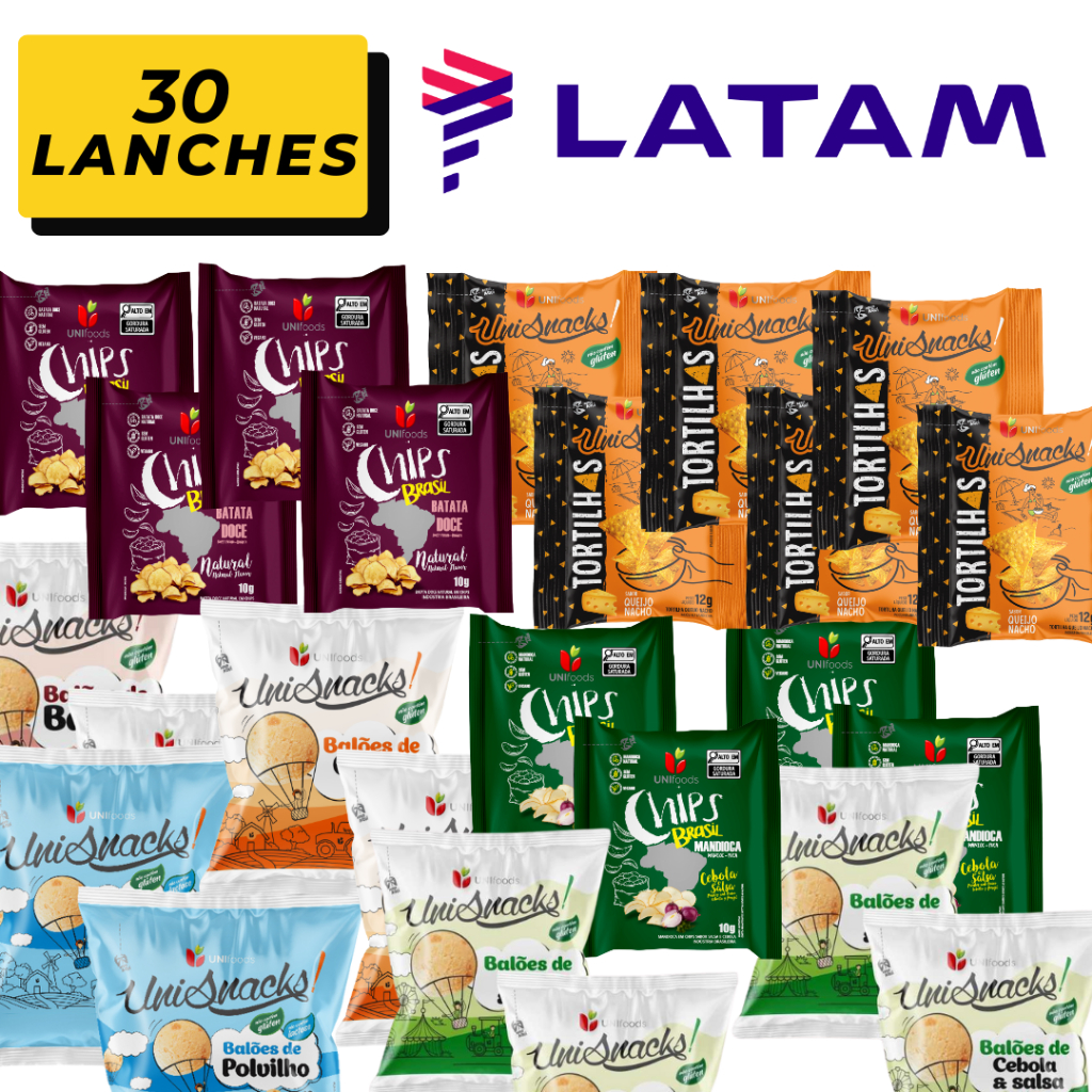 30 Salgadinhos sem glútem GOL E LATAM kit experimentação snack recepção ...