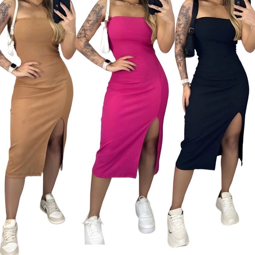 Kit 3 Vestidos Canelado Midi Ousadia Tomara que caia Gringa - Elegância unidas em uma peça! em Oferta na Shopee