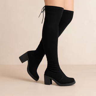 Bota Feminina Over Cano Longo Salto Bloco Médio The Knner Stretch Estiloso Confortável AC