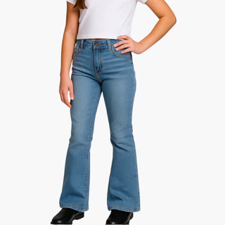 Calça Jeans Menina Boca Sino - Babados Cintura Alta Azul