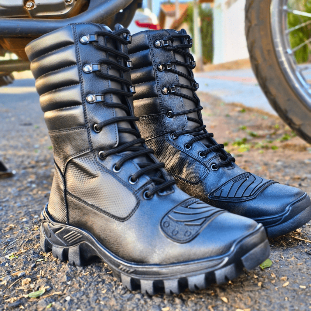 Bota Motociclista Coturno Tática Militar Motoqueiro Bombeiro Civil com Cadarço de Amarrar