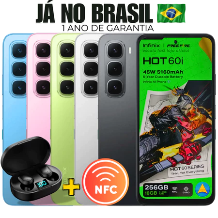 Celular Smartphone Infinix Hot 60i Com NFC 256GB 8GB de RAM Câmera 50MP Dual Sim Com 1 Ano de Garantia Fone Sem Fio