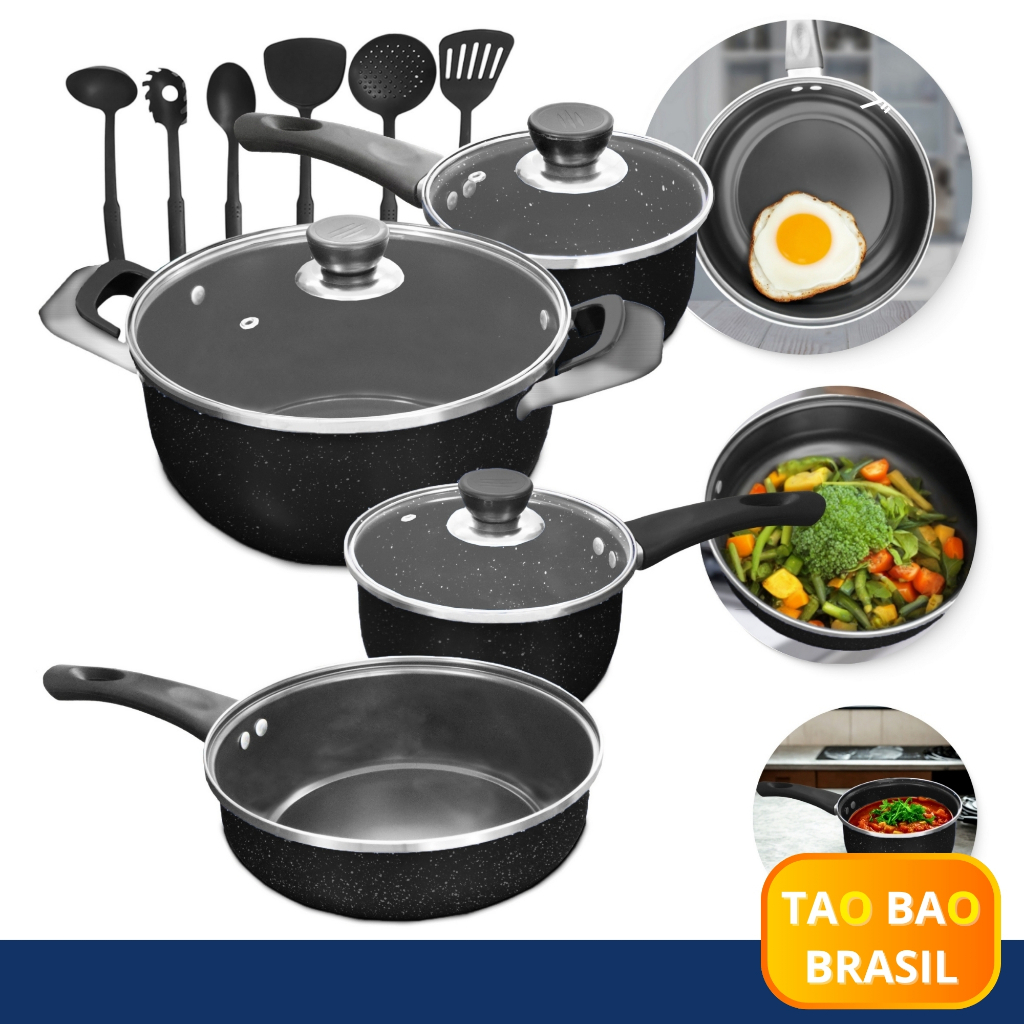 Conjunto de Panelas Pretas com Tampa de Vidro e Utensílios de Cozinha ...